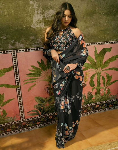 Black Georgette Floral Printed Saree