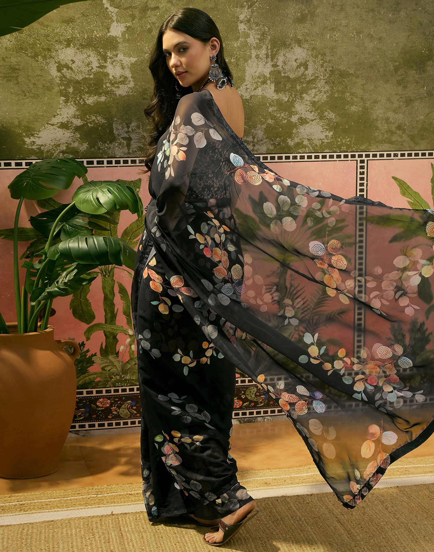 Black Georgette Floral Printed Saree