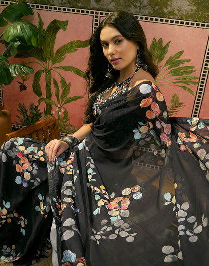Black Georgette Floral Printed Saree