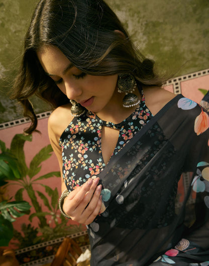 Black Georgette Floral Printed Saree
