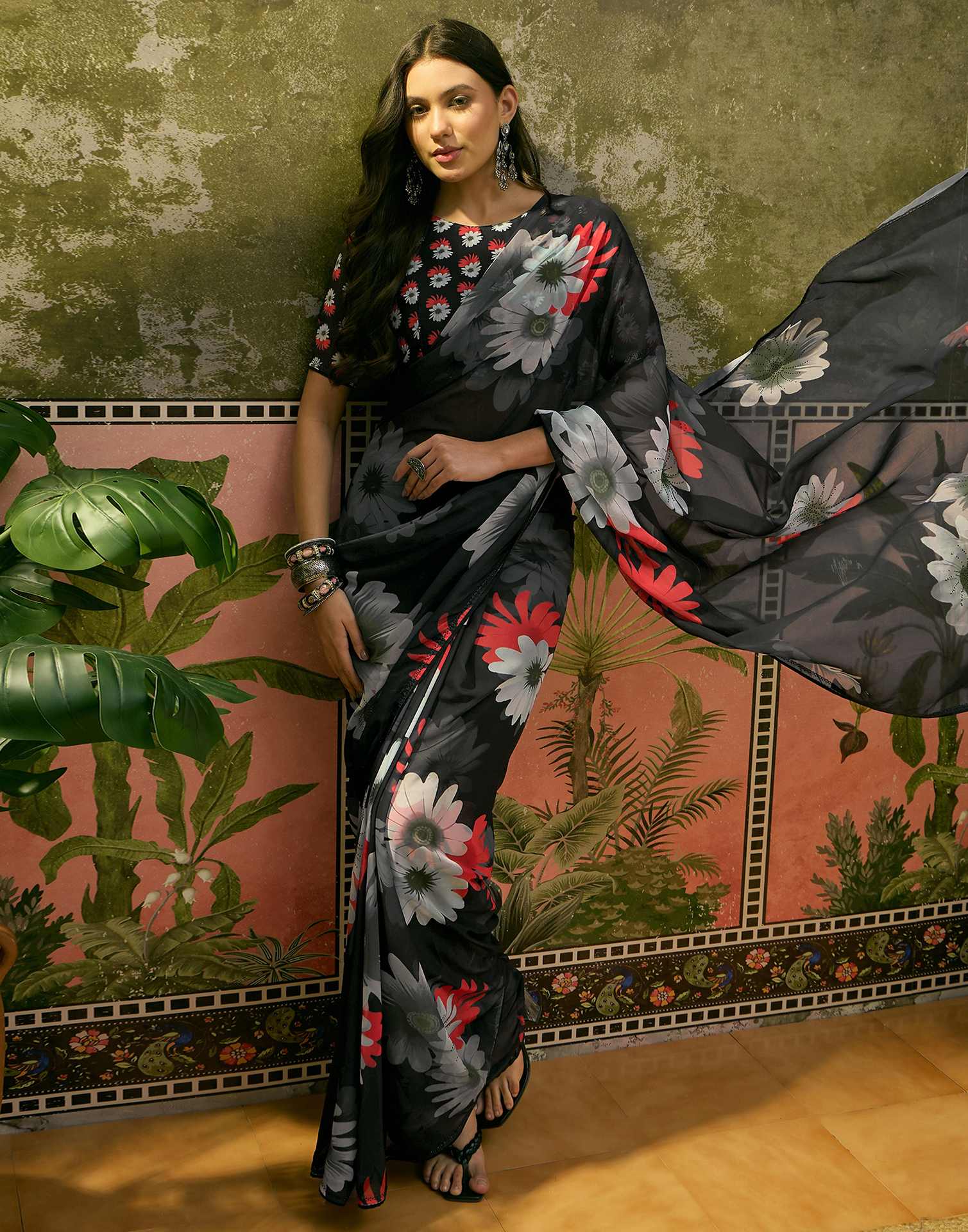 Black Georgette Floral Printed Saree