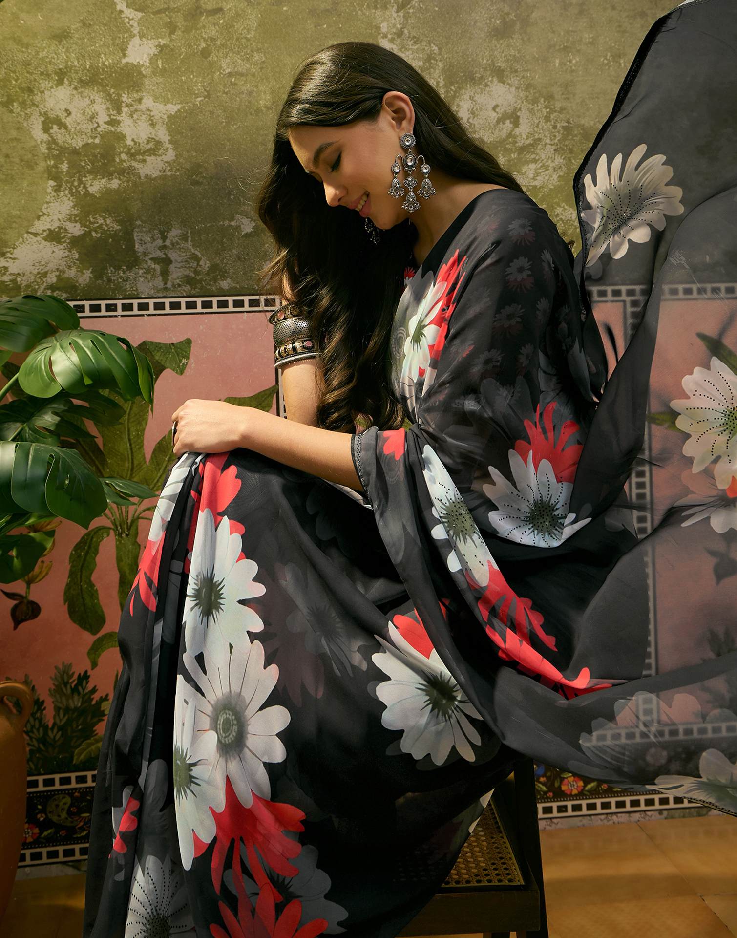 Black Georgette Floral Printed Saree