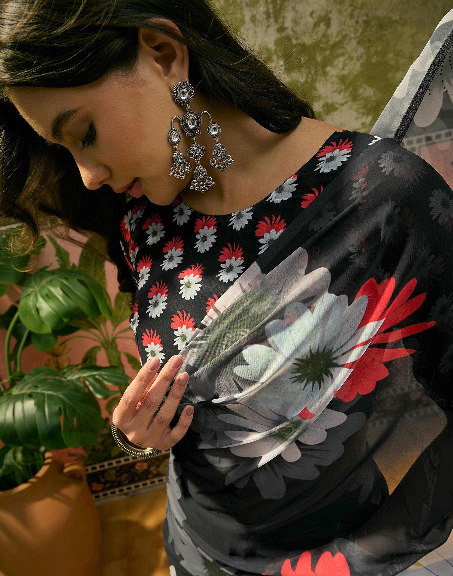 Black Georgette Floral Printed Saree