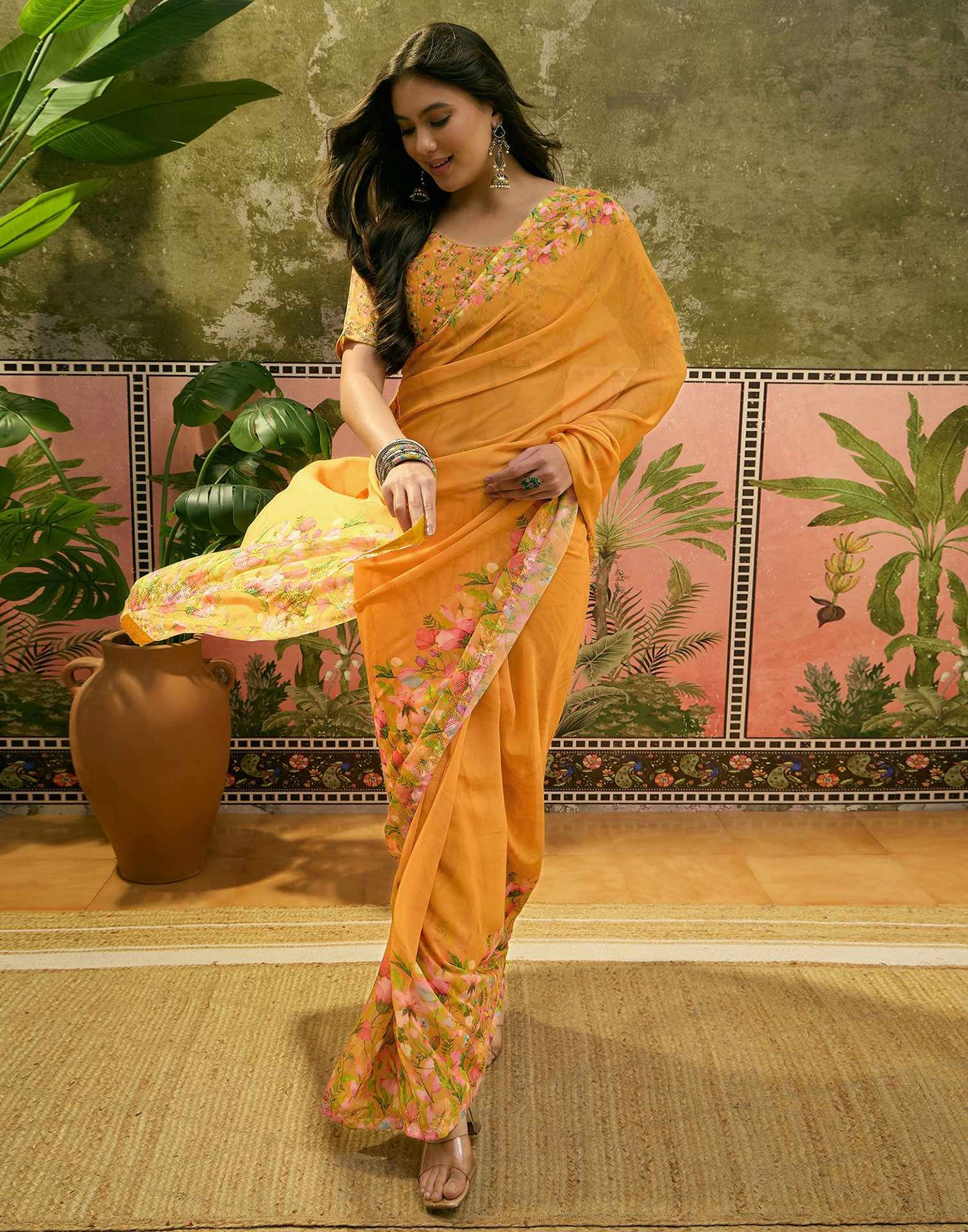 Yellow Georgette Floral Printed Saree