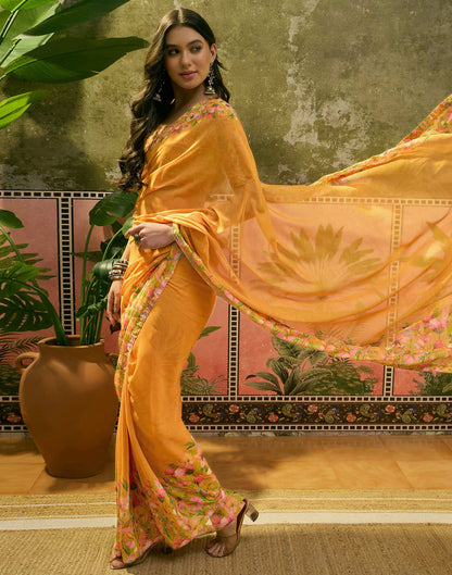 Yellow Georgette Floral Printed Saree