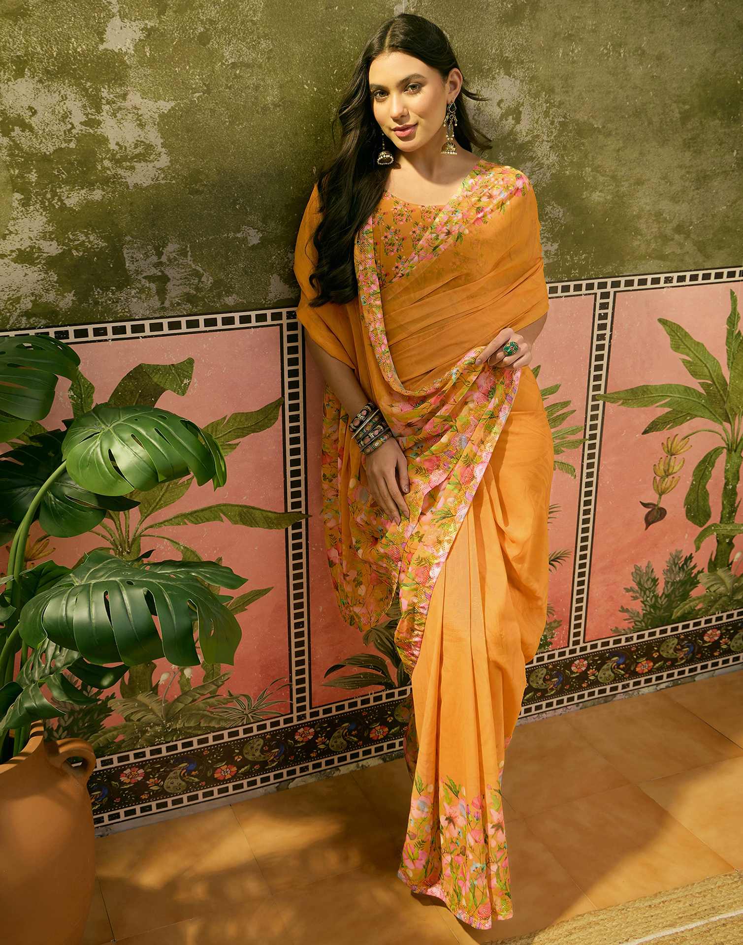 Yellow Georgette Floral Printed Saree