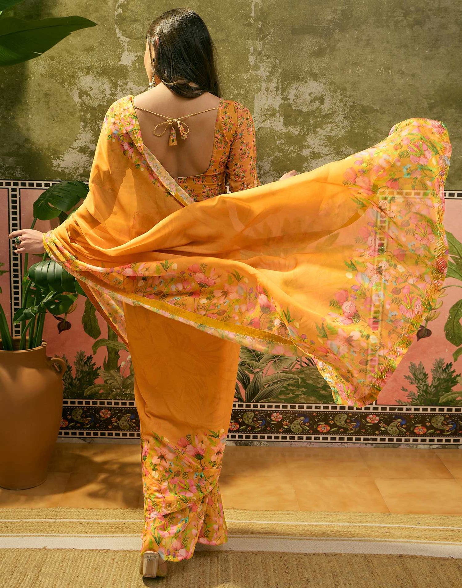 Yellow Georgette Floral Printed Saree