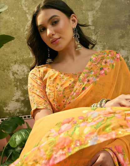 Yellow Georgette Floral Printed Saree