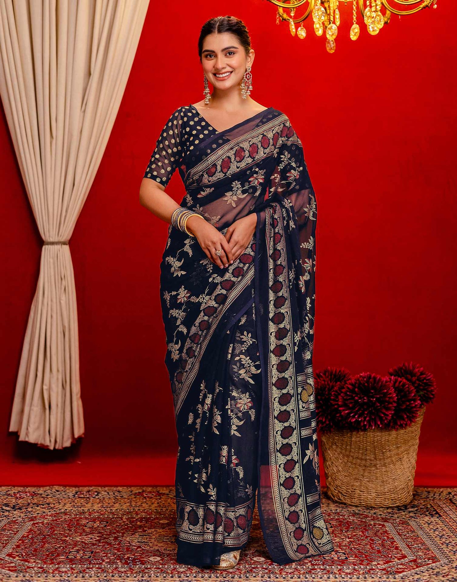 Navy Blue Georgette Foil Printed Saree