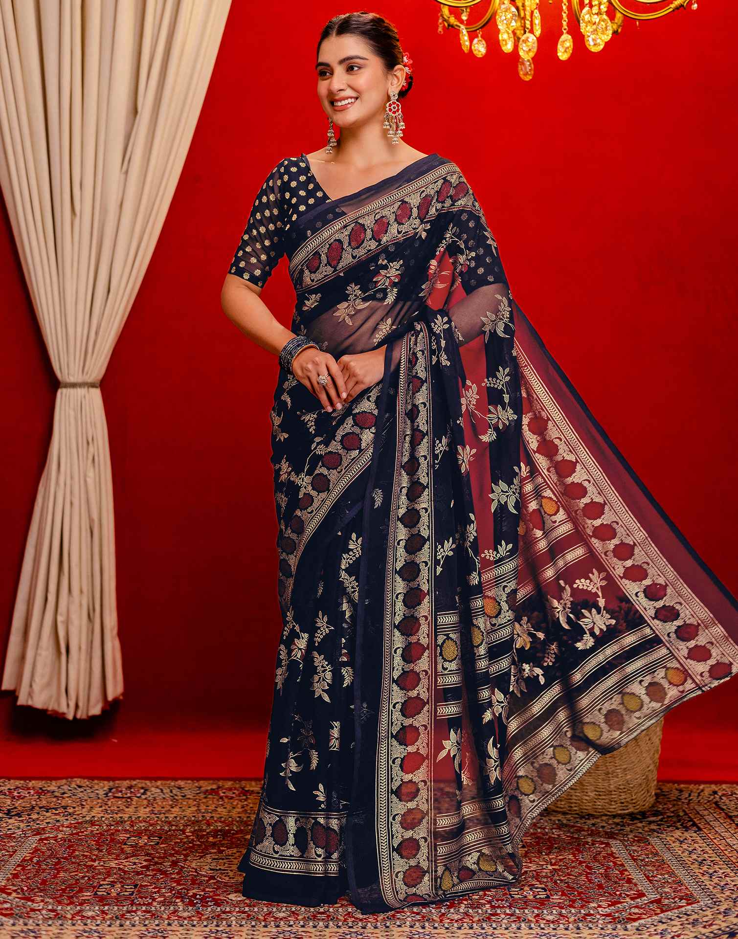 Navy Blue Georgette Foil Printed Saree