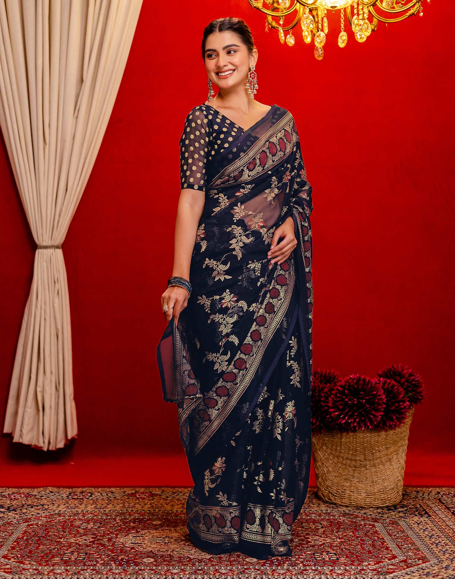 Navy Blue Georgette Foil Printed Saree