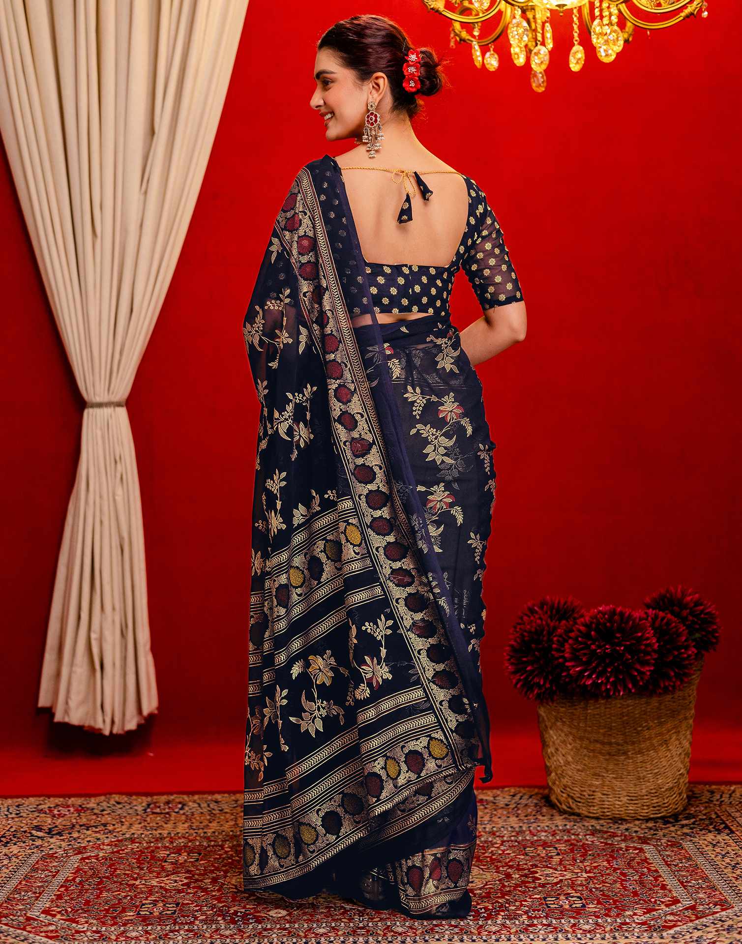 Navy Blue Georgette Foil Printed Saree