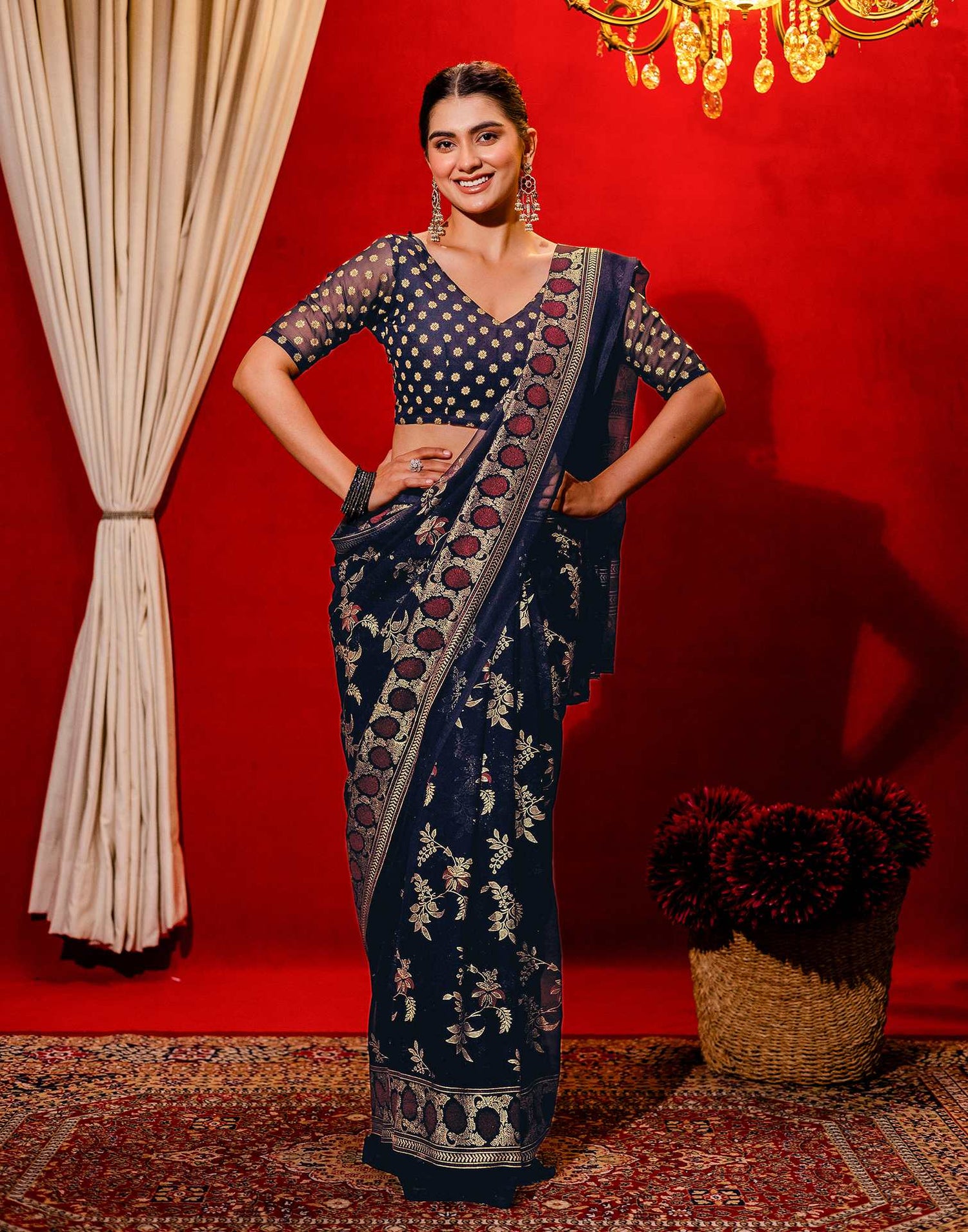 Navy Blue Georgette Foil Printed Saree