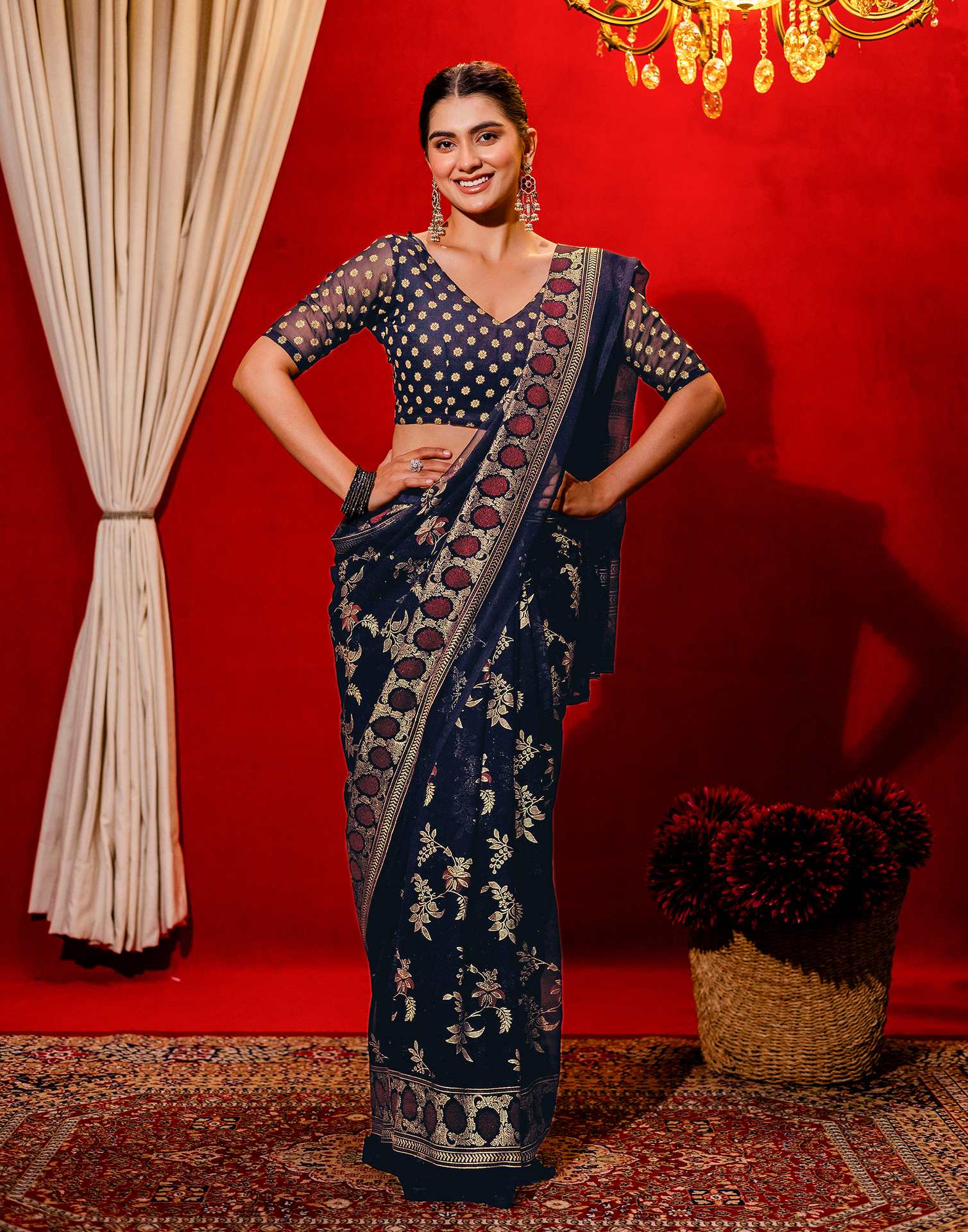 Navy Blue Georgette Foil Printed Saree