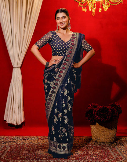 Navy Blue Georgette Foil Printed Saree