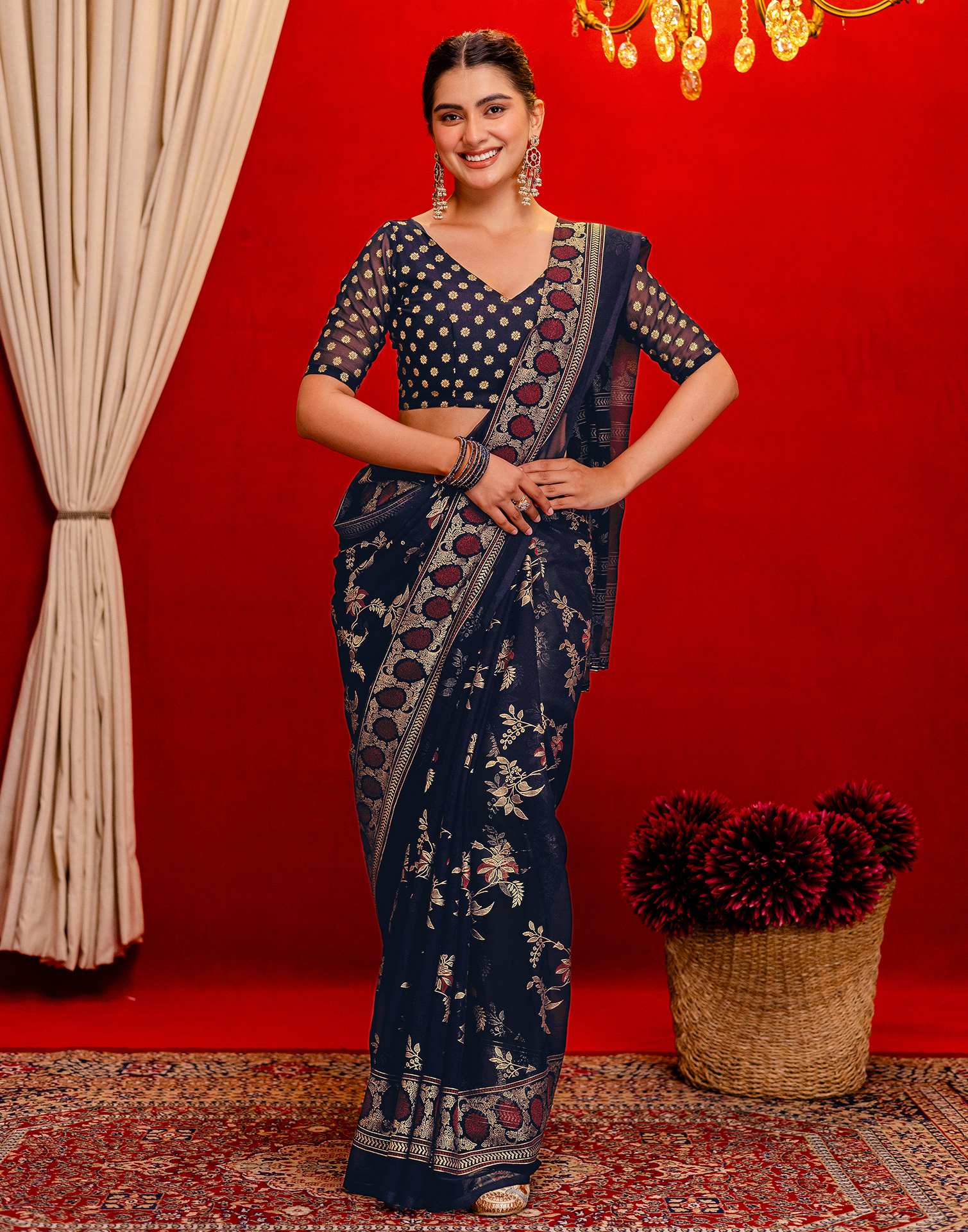 Navy Blue Georgette Foil Printed Saree