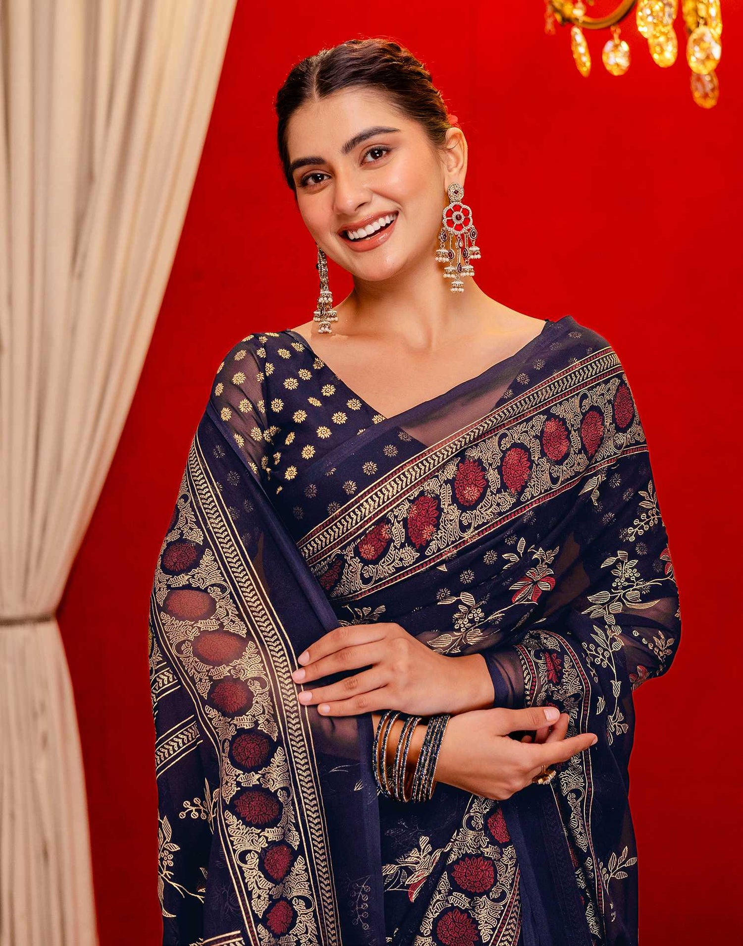 Navy Blue Georgette Foil Printed Saree