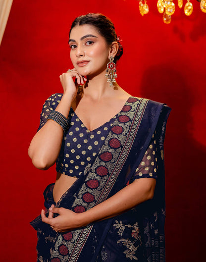 Navy Blue Georgette Foil Printed Saree