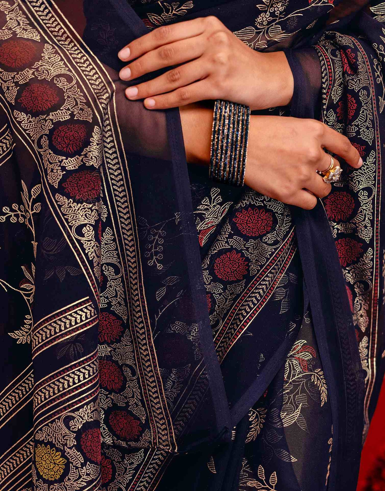 Navy Blue Georgette Foil Printed Saree