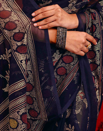 Navy Blue Georgette Foil Printed Saree