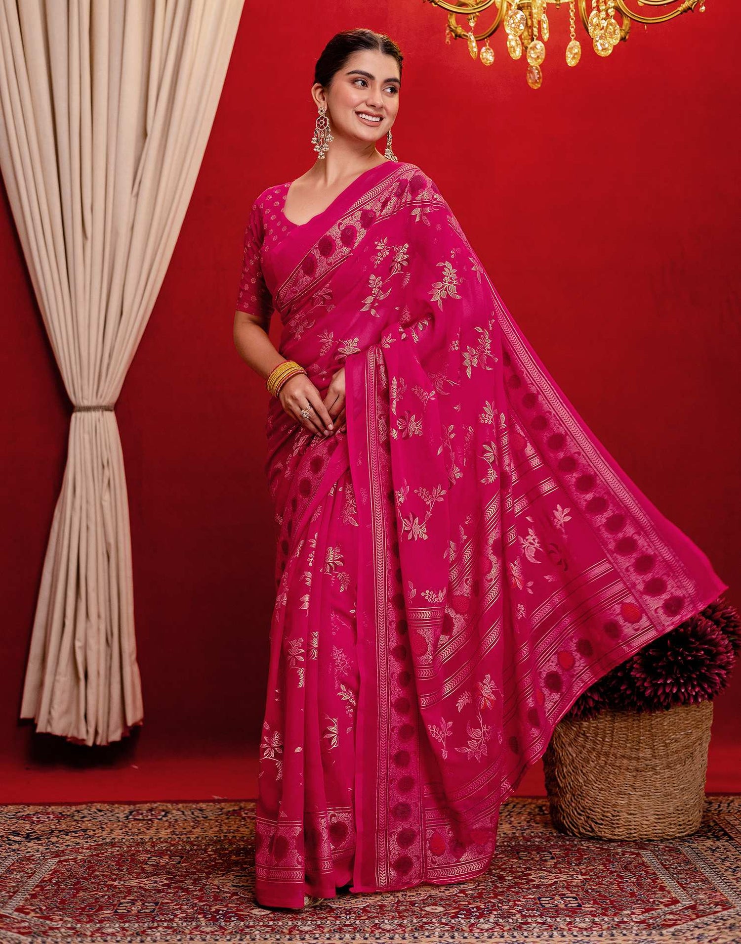 Pink Georgette Foil Printed Saree