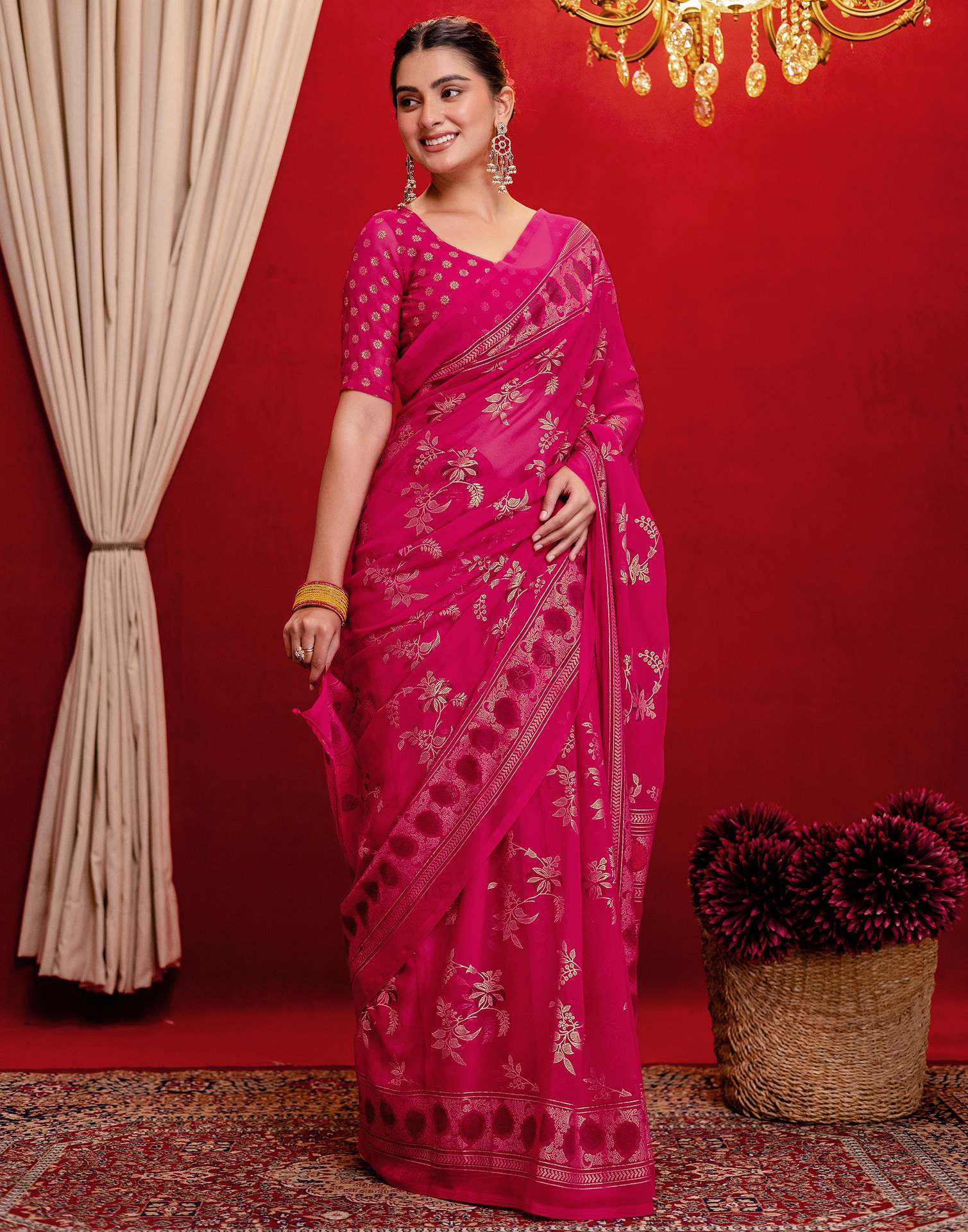 Pink Georgette Foil Printed Saree