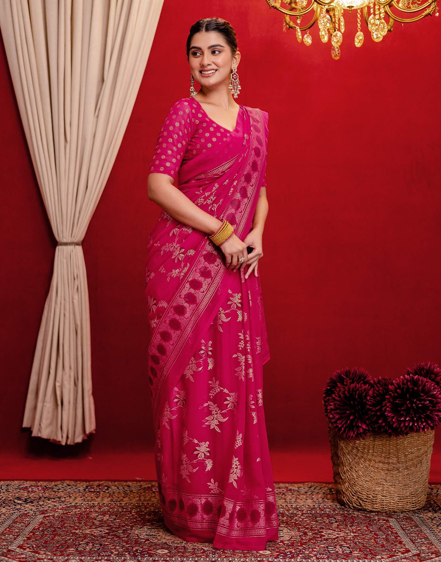 Pink Georgette Foil Printed Saree