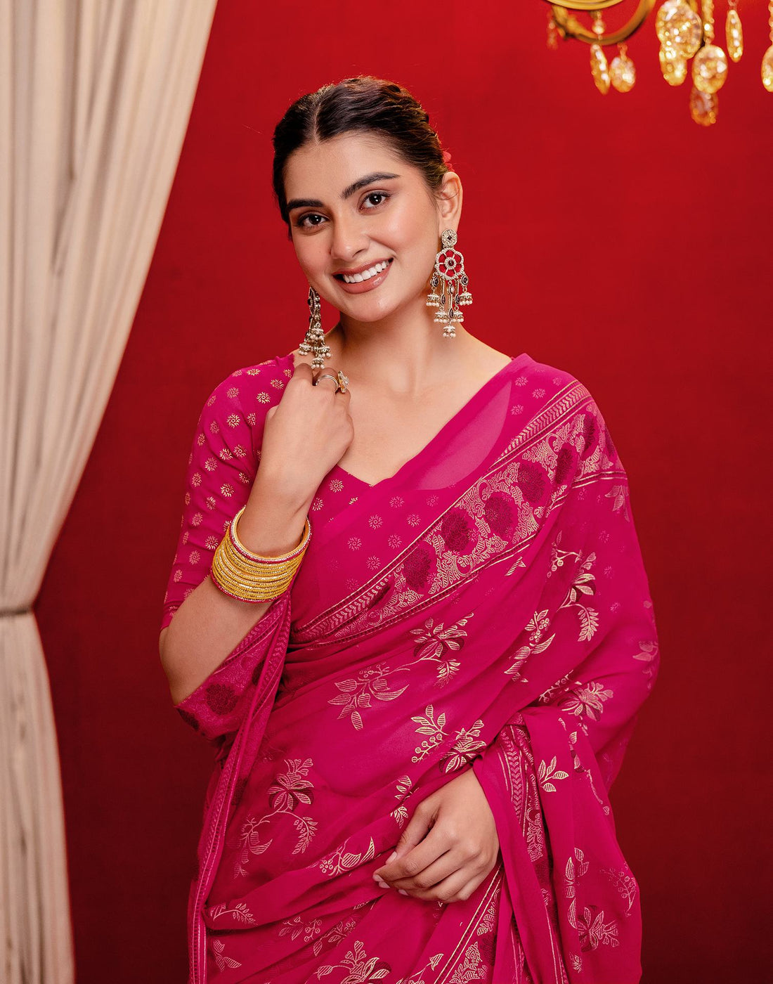 Pink Georgette Foil Printed Saree