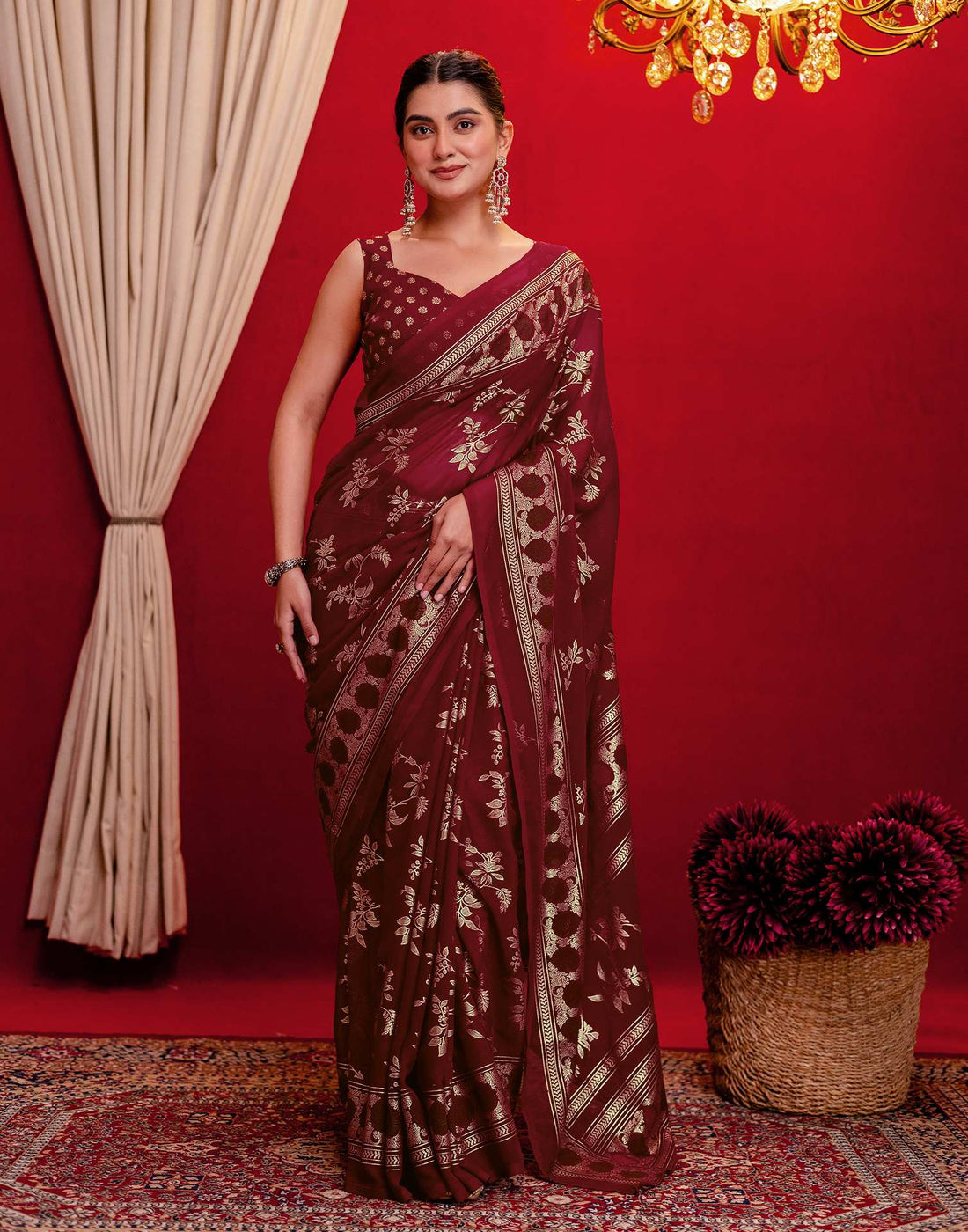Maroon Georgette Foil Printed Saree