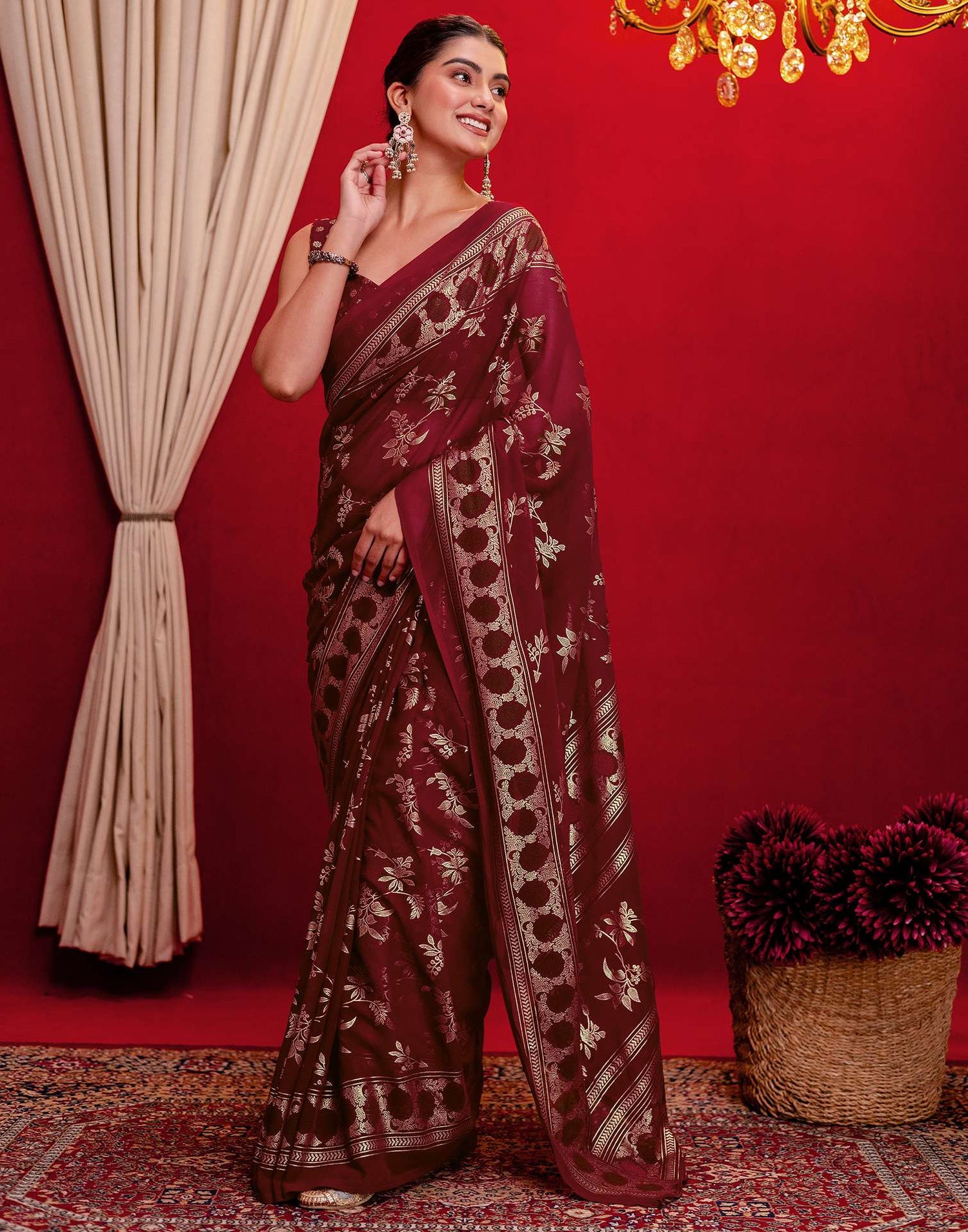 Maroon Georgette Foil Printed Saree