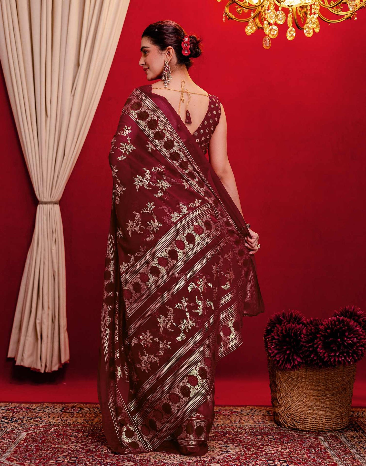 Maroon Georgette Foil Printed Saree