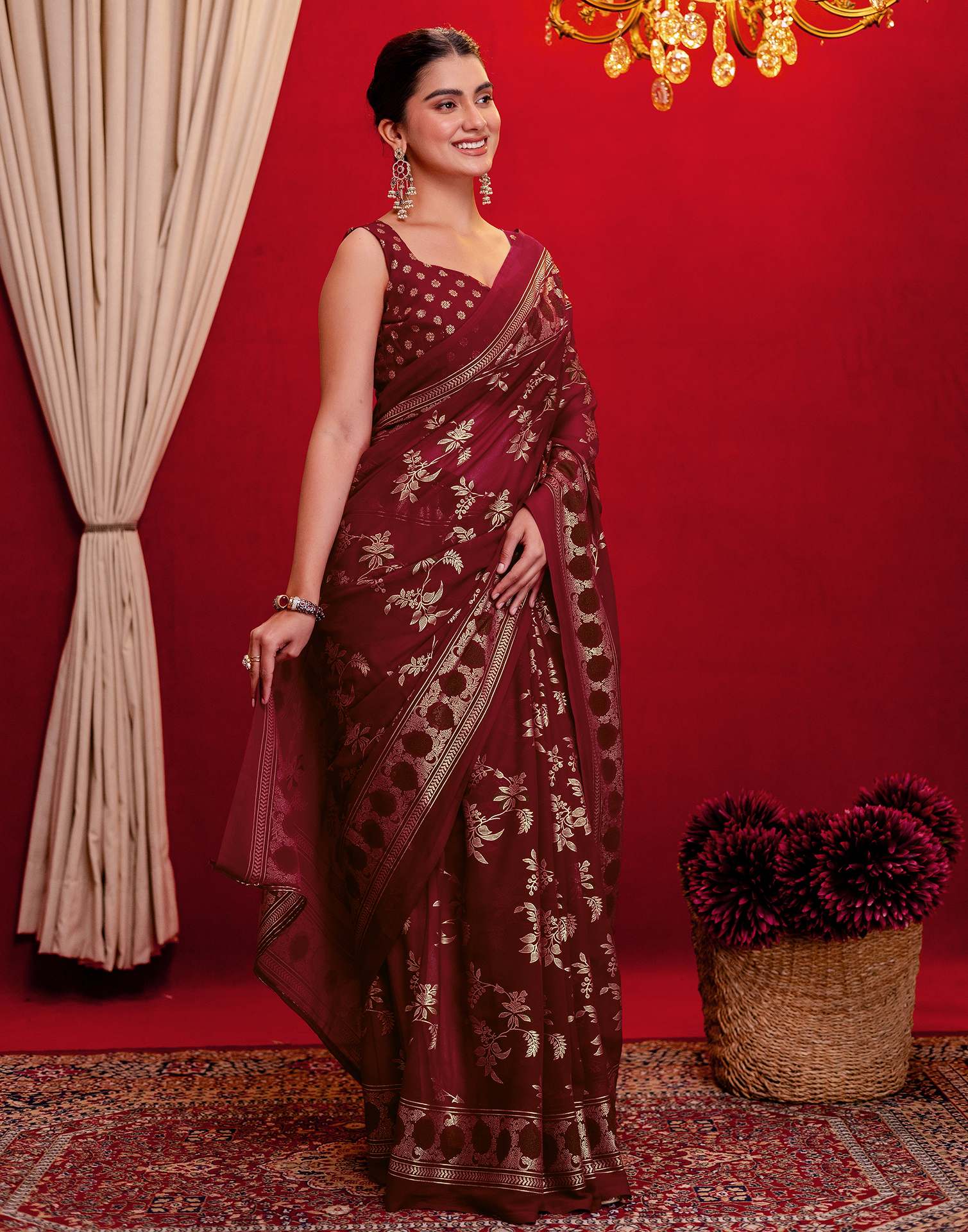 Maroon Georgette Foil Printed Saree