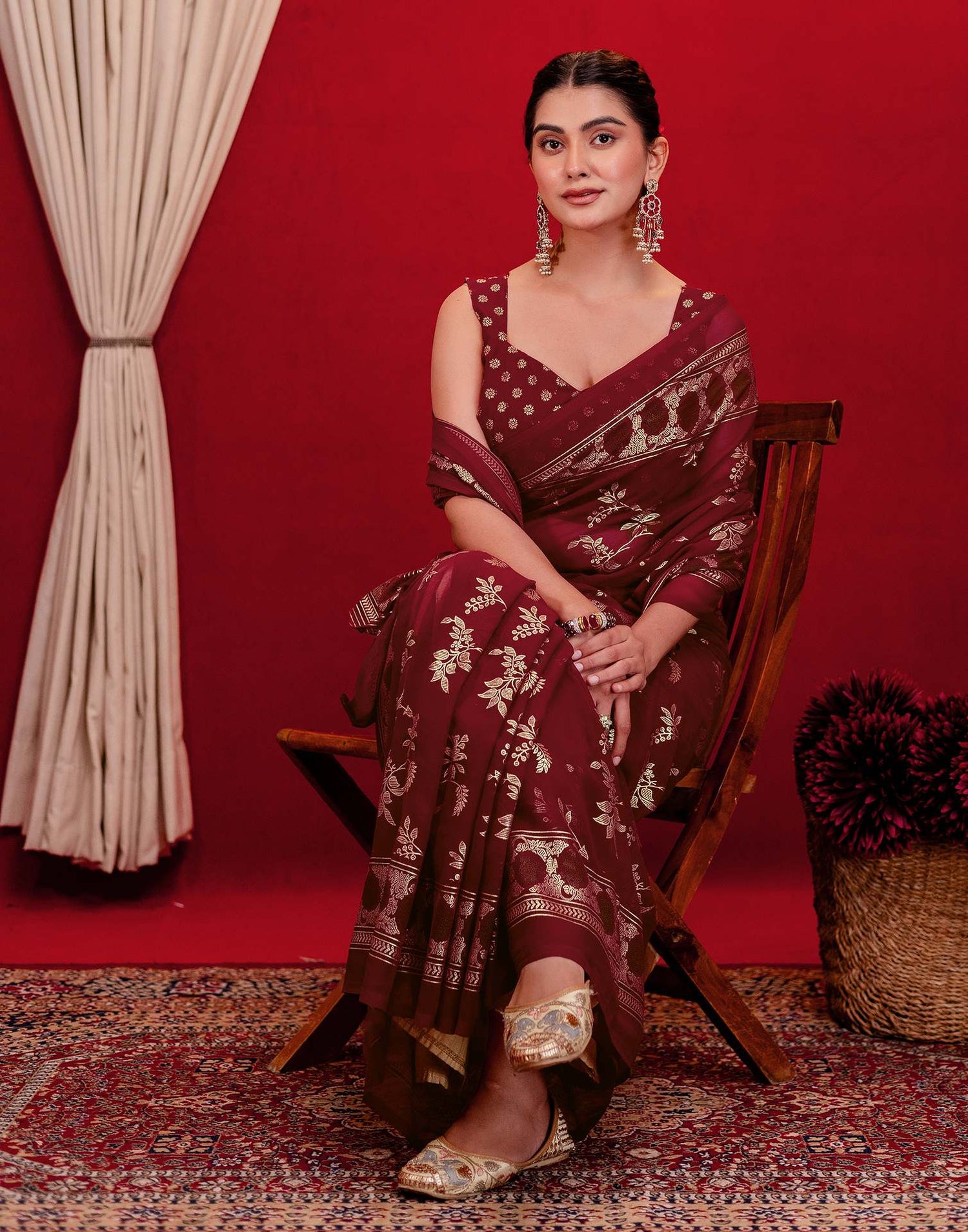 Maroon Georgette Foil Printed Saree