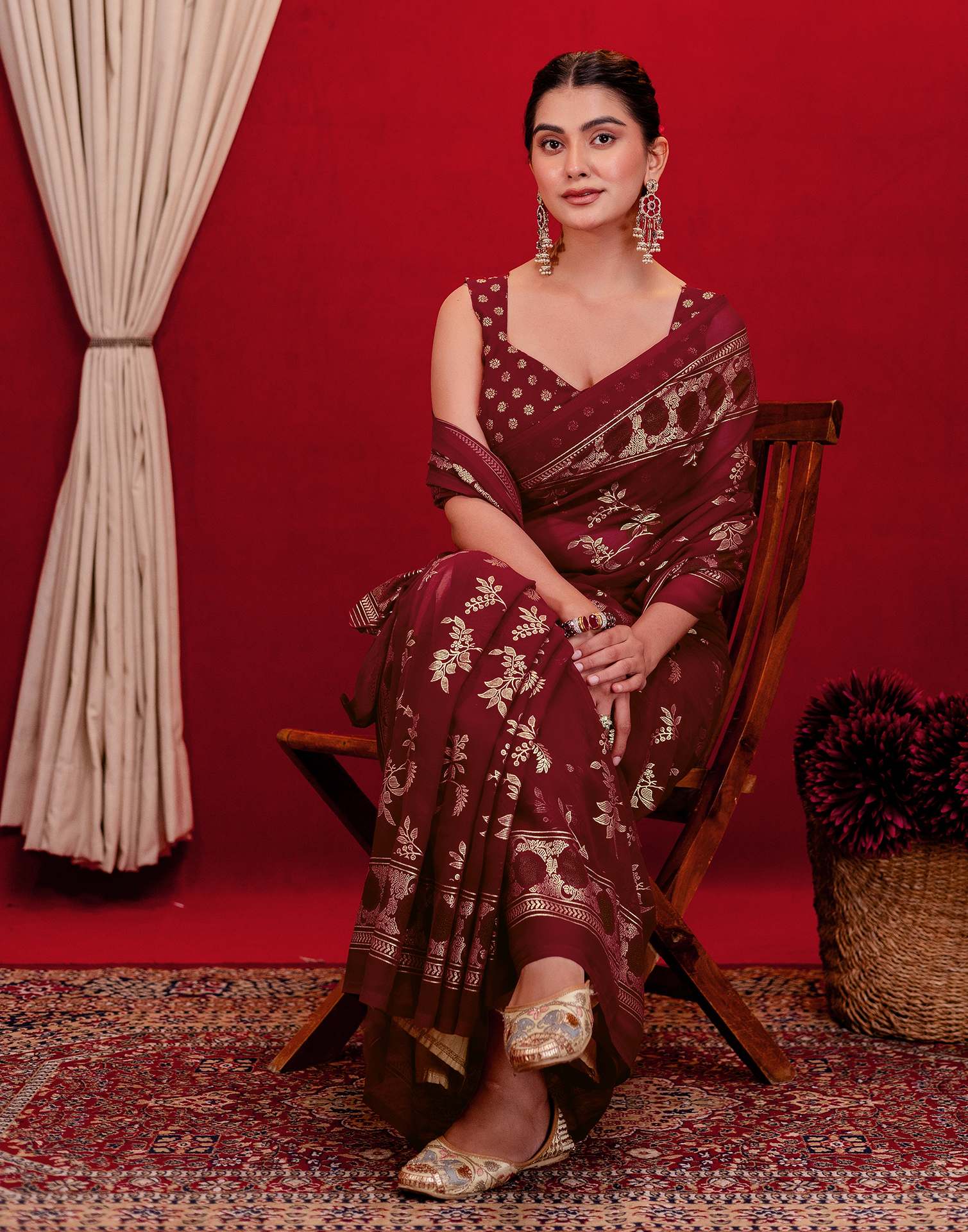 Maroon Georgette Foil Printed Saree