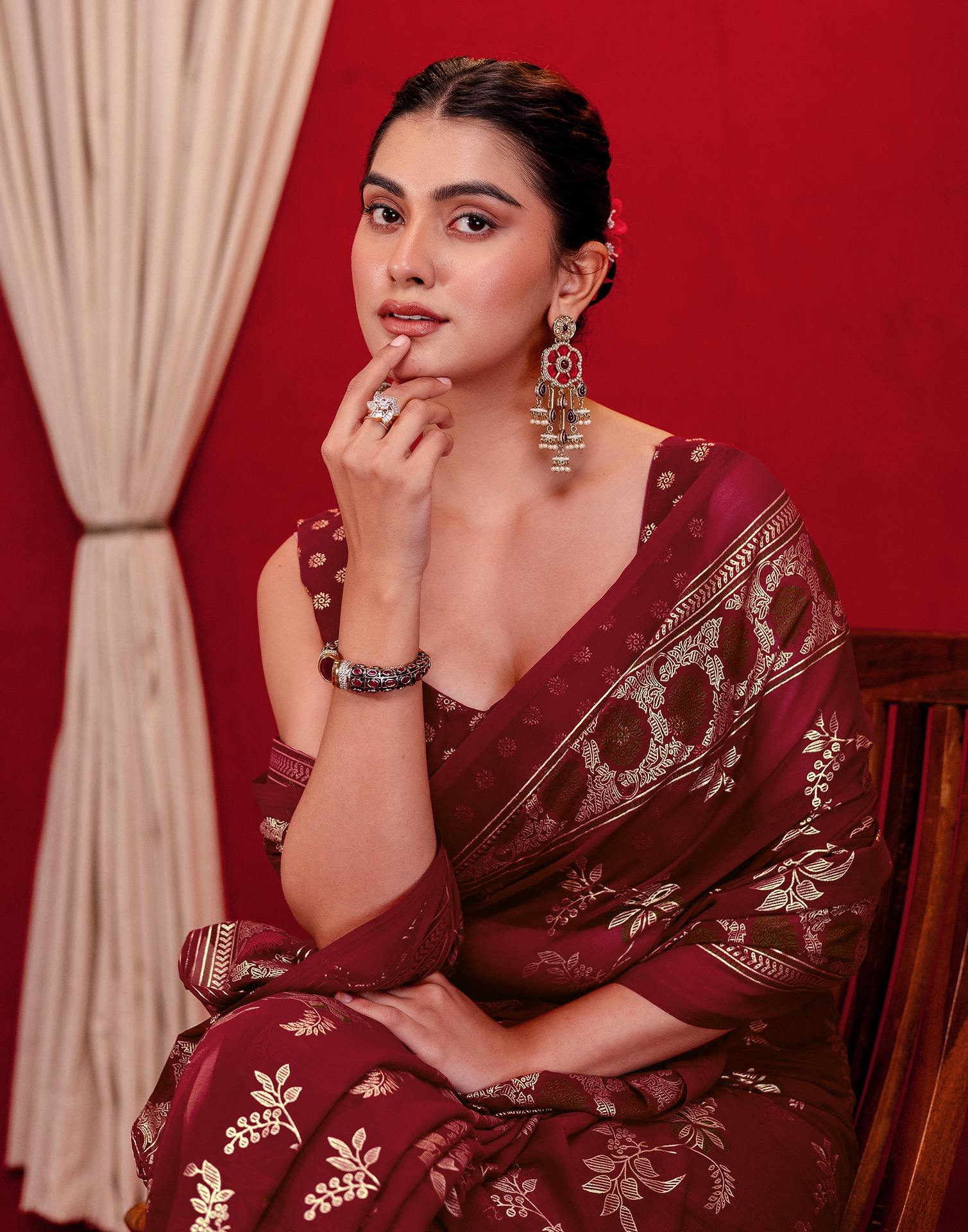 Maroon Georgette Foil Printed Saree