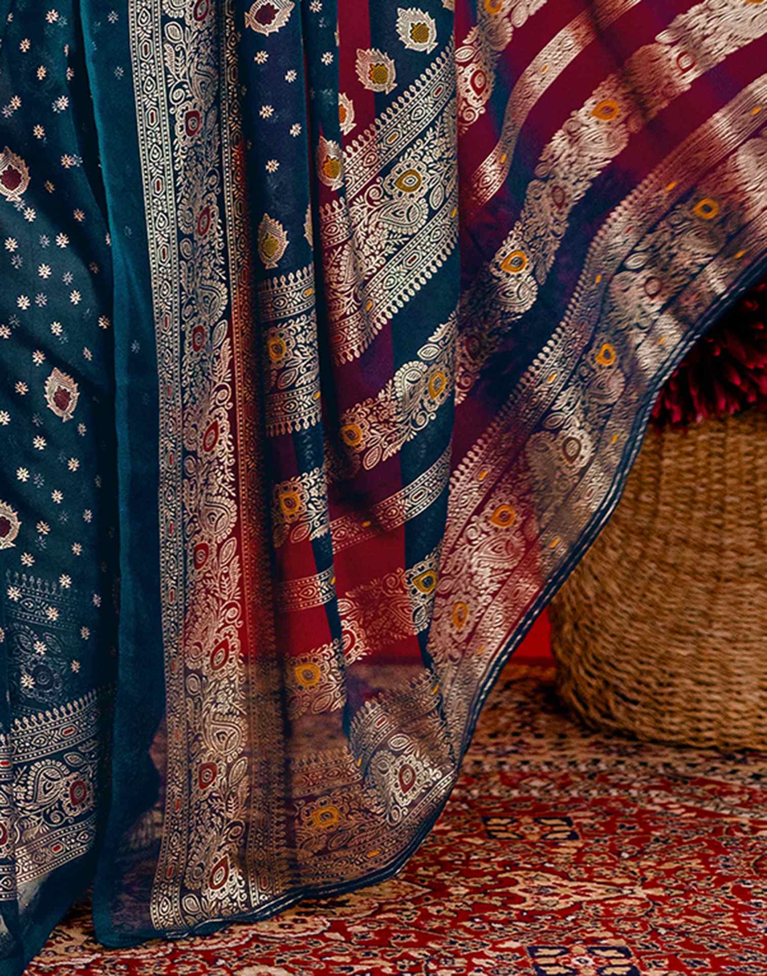 Rama Blue Georgette Foil Printed Saree