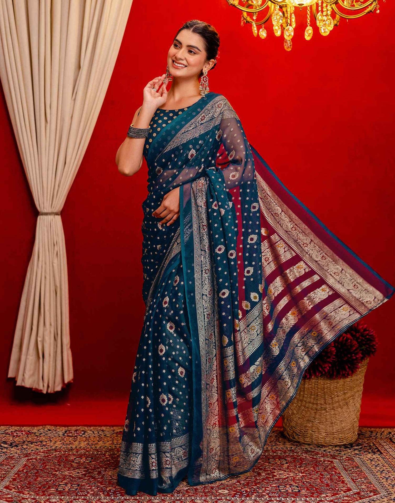 Rama Blue Georgette Foil Printed Saree