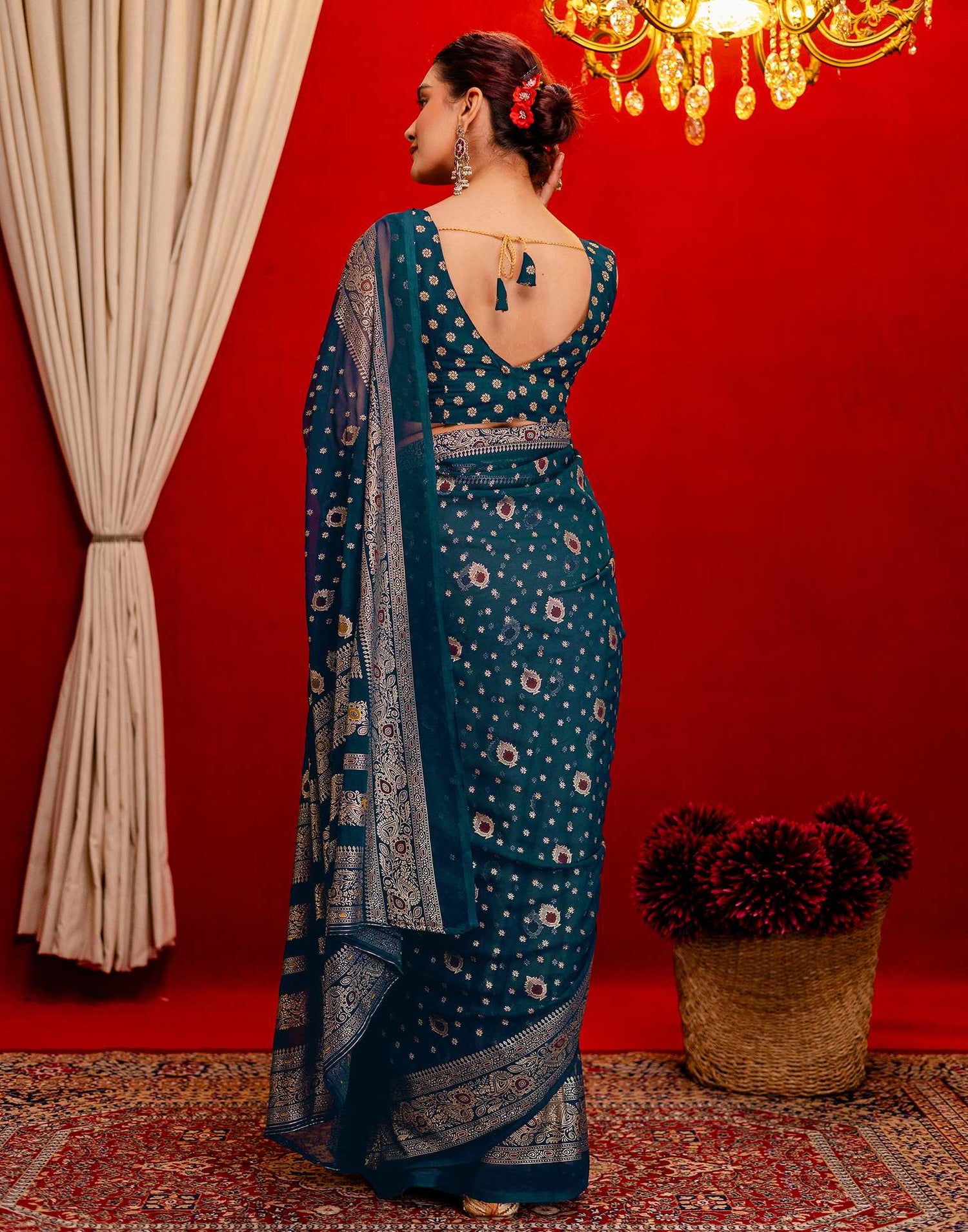 Rama Blue Georgette Foil Printed Saree
