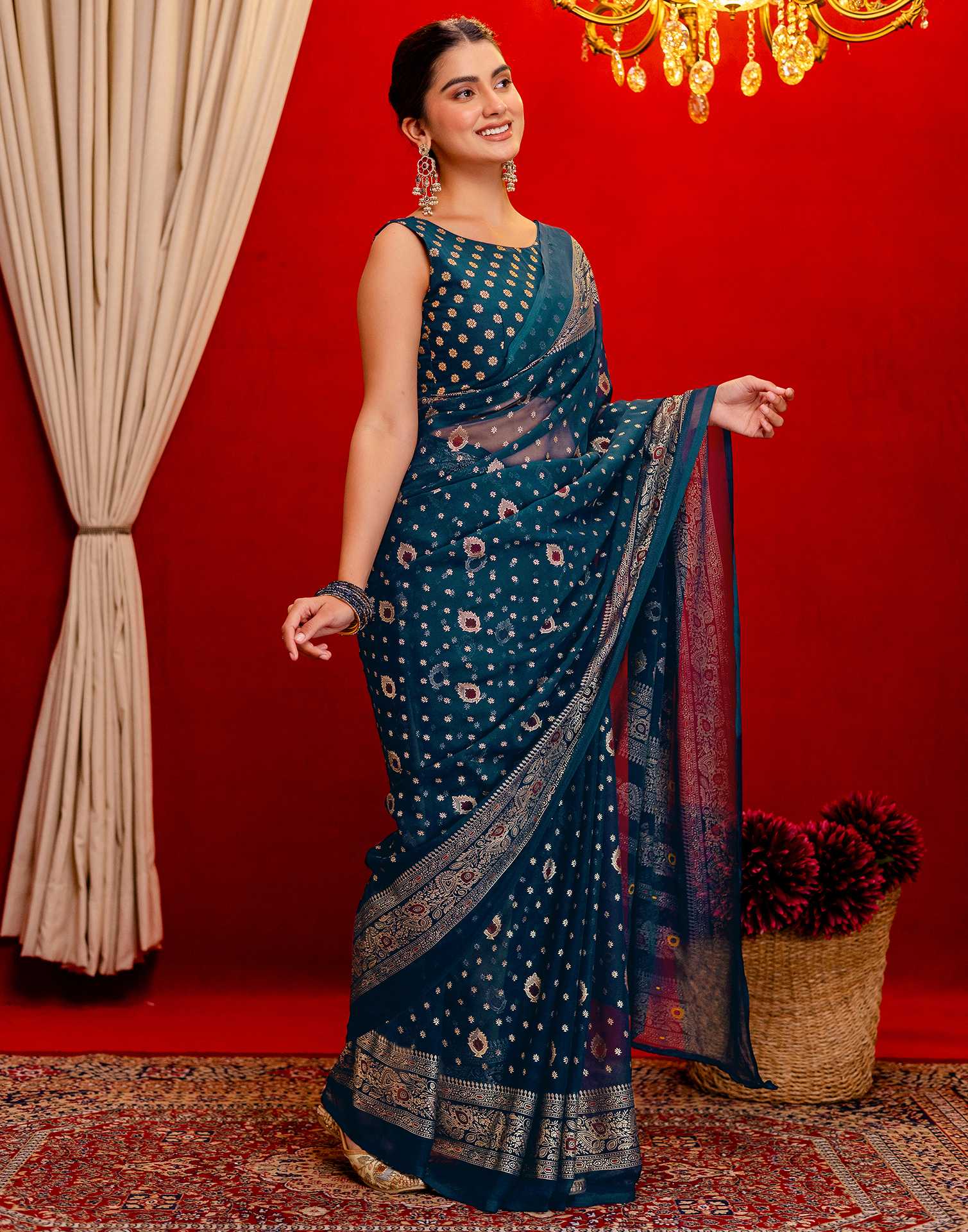 Rama Blue Georgette Foil Printed Saree