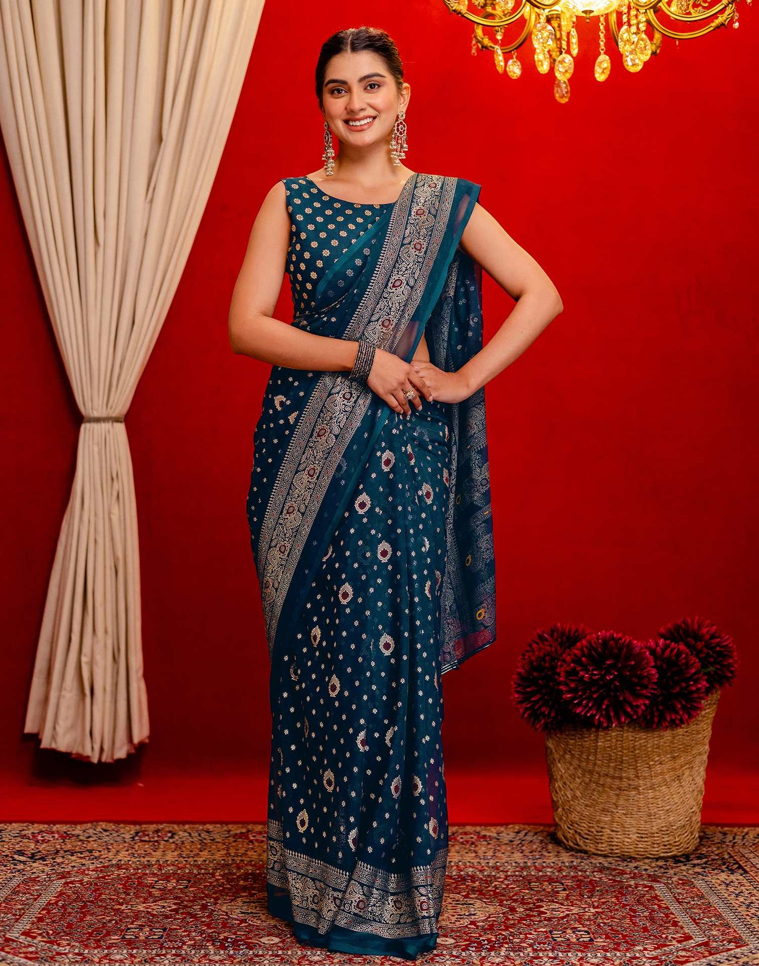 Rama Blue Georgette Foil Printed Saree