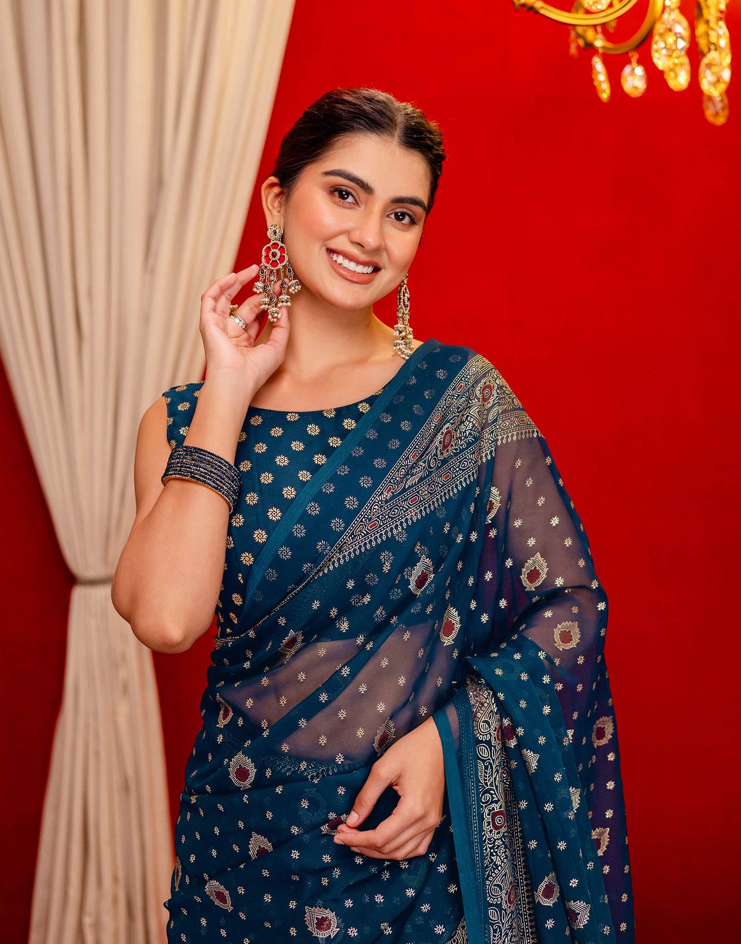 Rama Blue Georgette Foil Printed Saree