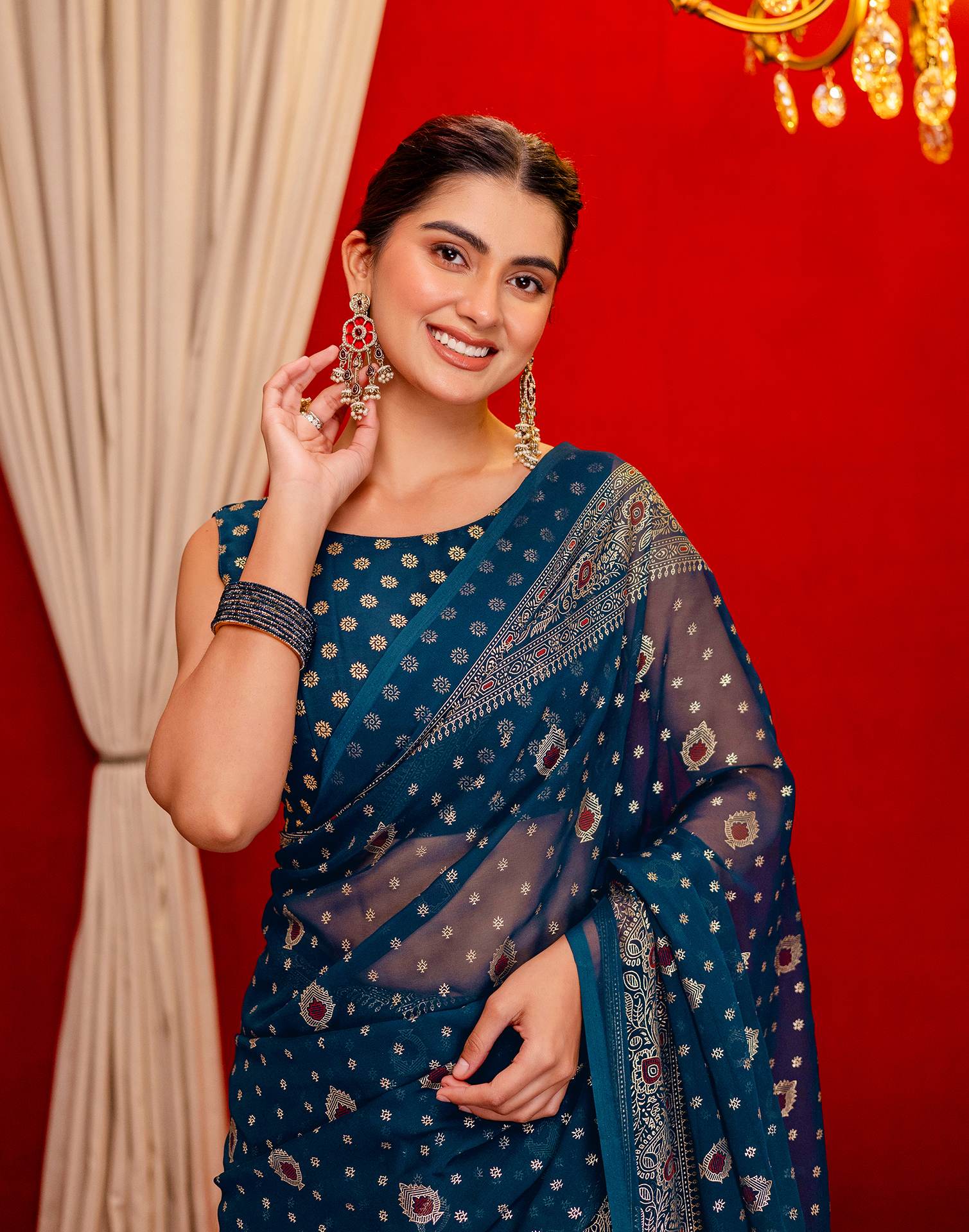 Rama Blue Georgette Foil Printed Saree