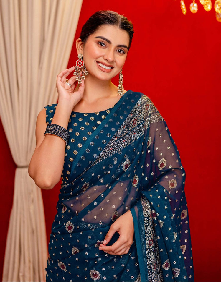 Rama Blue Georgette Foil Printed Saree