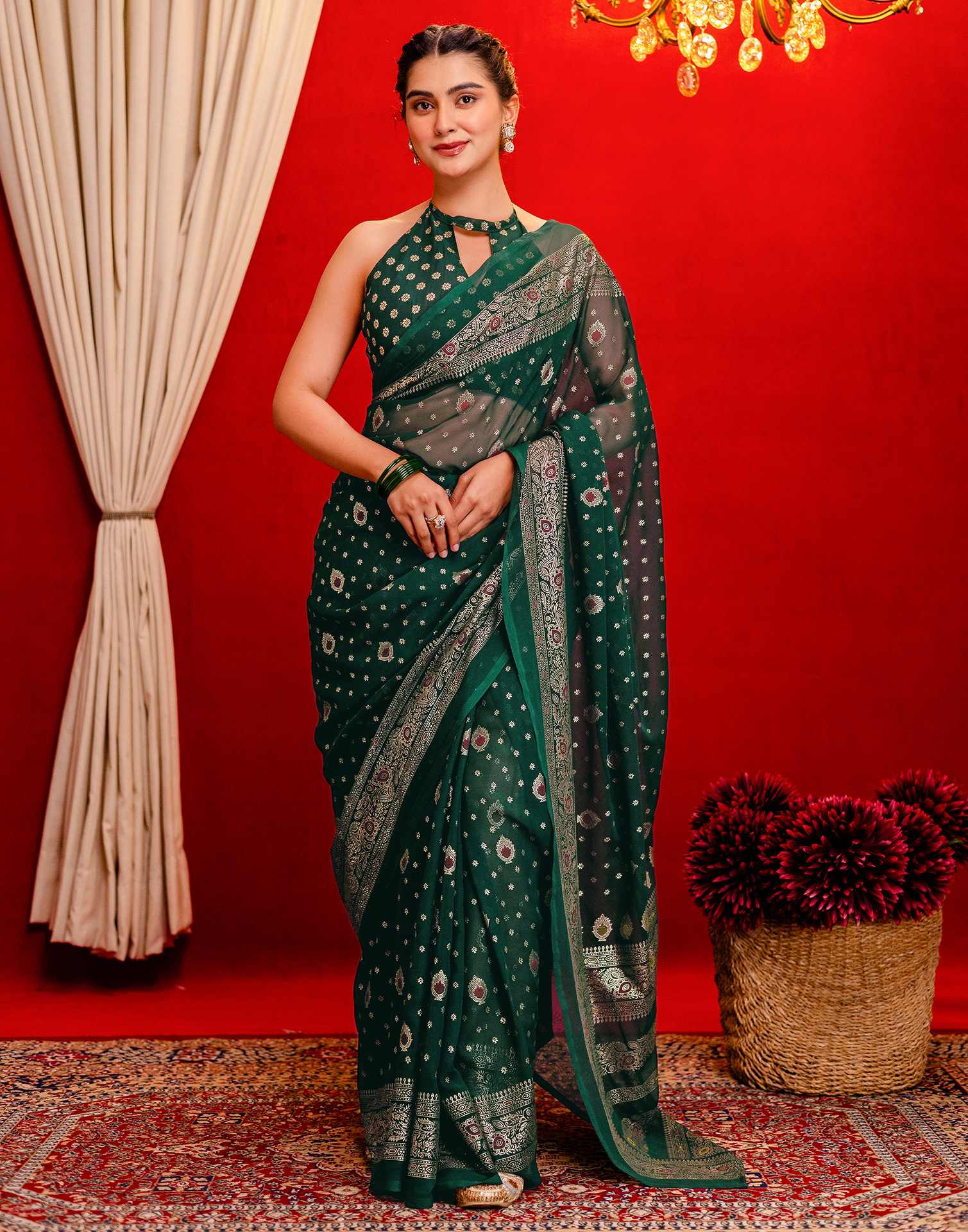 Dark Green Georgette Foil Printed Saree