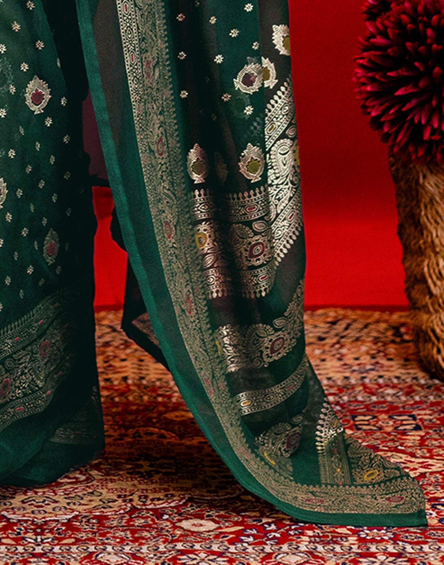 Dark Green Georgette Foil Printed Saree