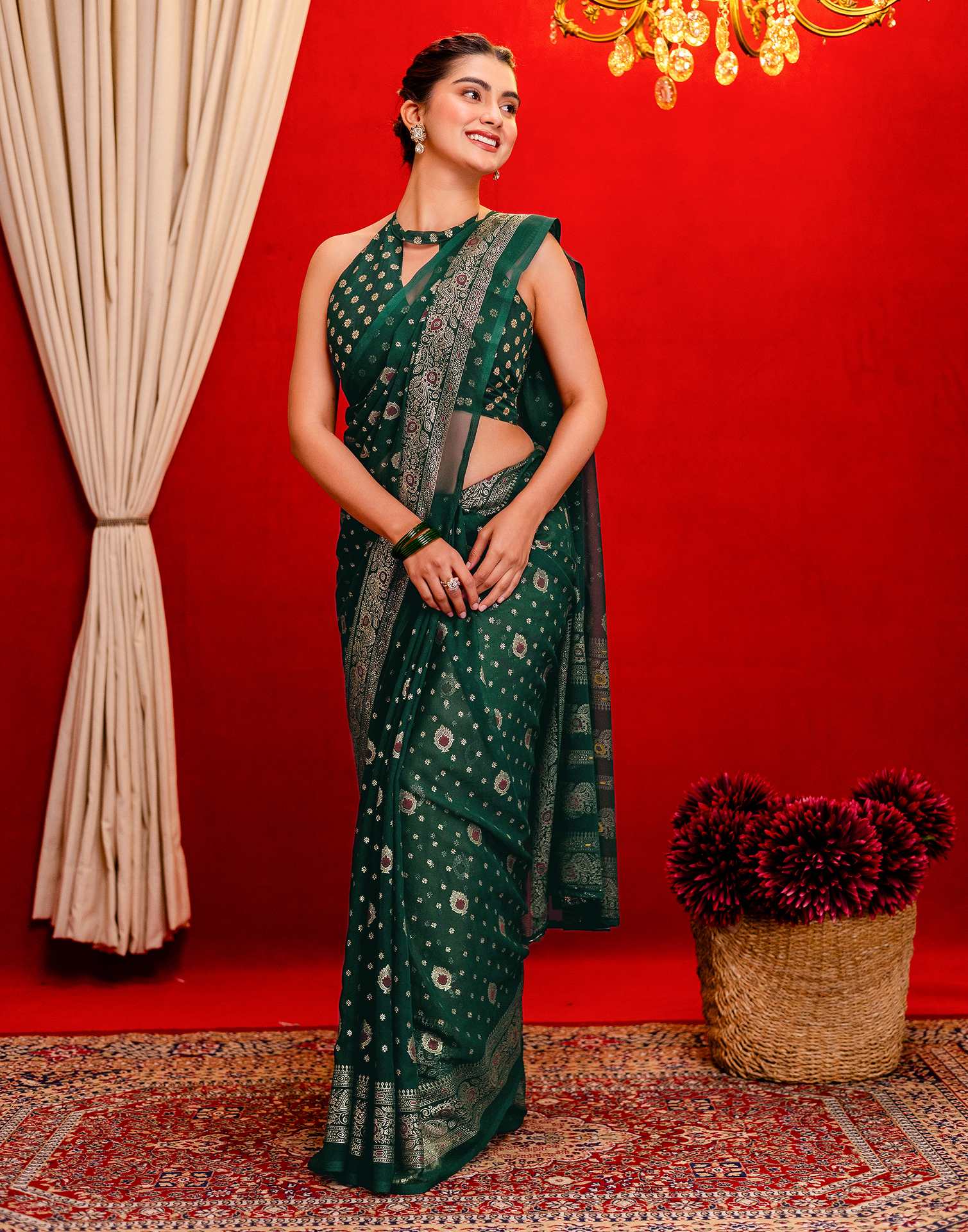 Dark Green Georgette Foil Printed Saree
