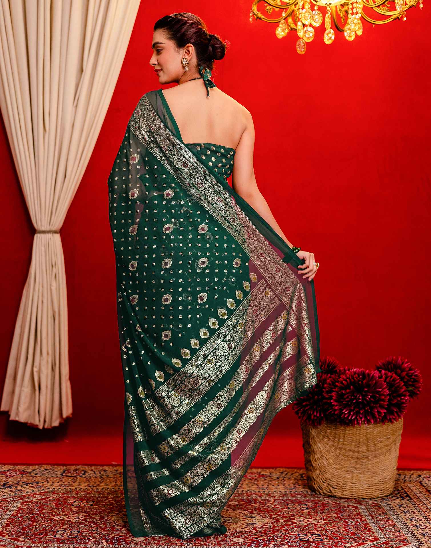 Dark Green Georgette Foil Printed Saree