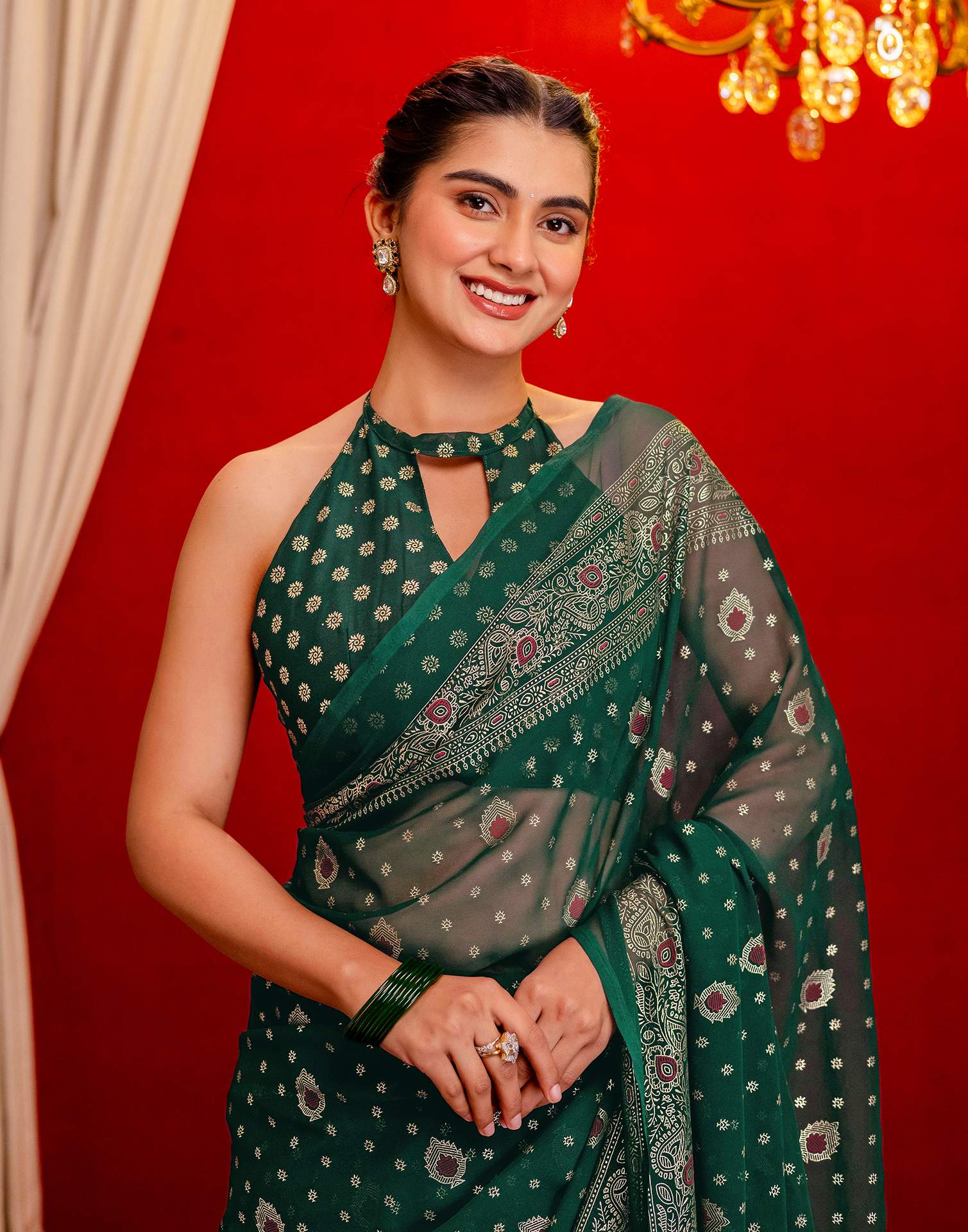 Dark Green Georgette Foil Printed Saree