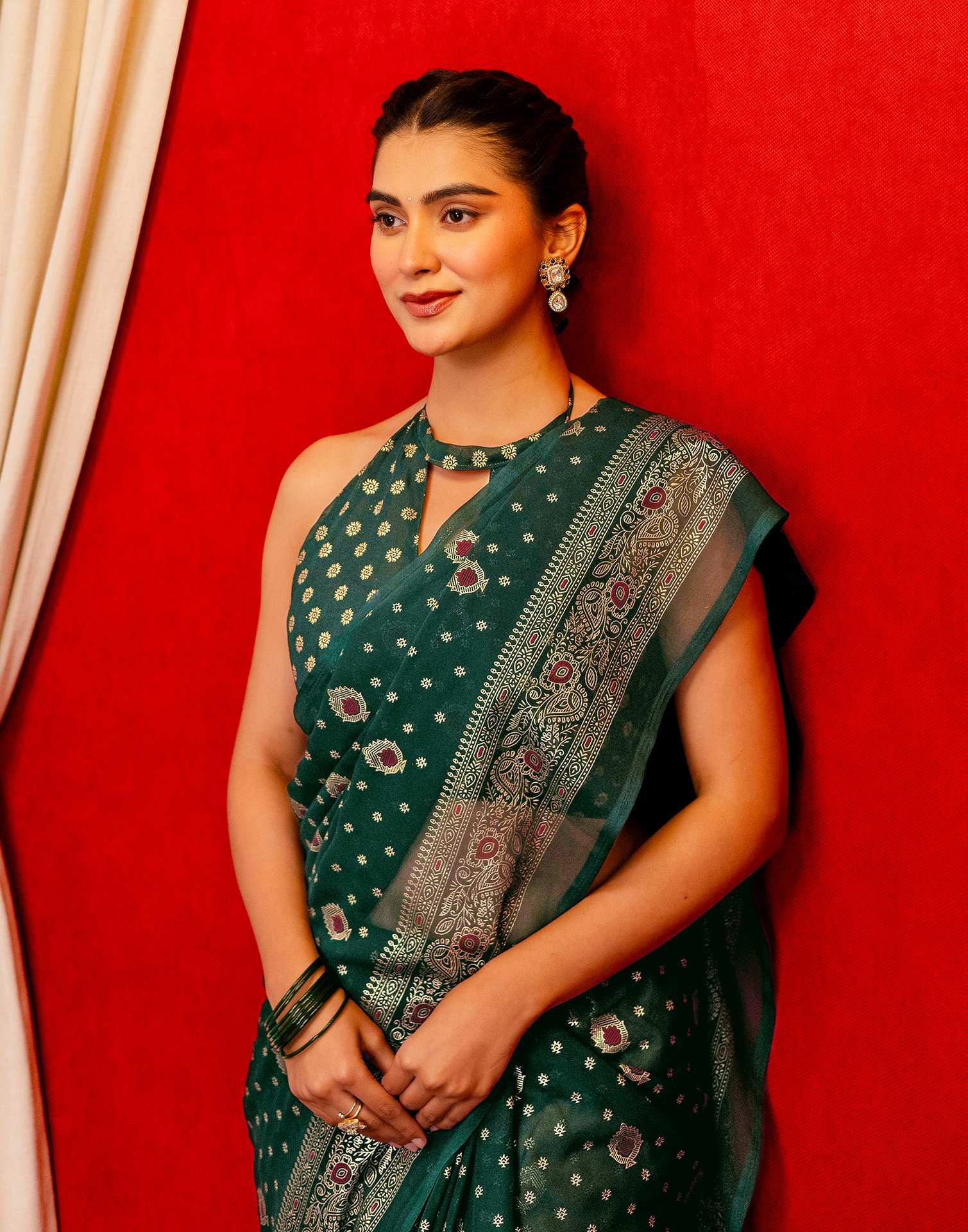 Dark Green Georgette Foil Printed Saree