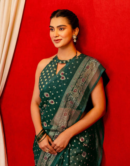 Dark Green Georgette Foil Printed Saree